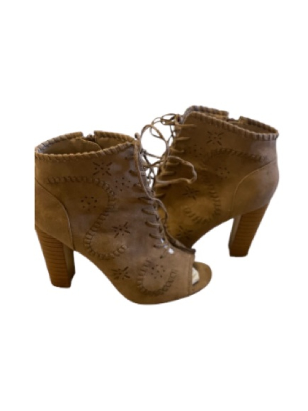JustFab EUC Taupe Lace-Up Peep-Toe Heeled Booties
